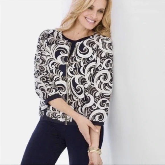 CHICO'S Travelers Scrolled Bomber Jacket Small Front Zip 3/4 Sleeve - Picture 3 of 15